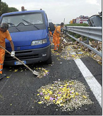 В италии перевернулась машина инкассаторов, и по шоссе рассыпались 2 миллиона евро в монетах достоинством 1 и 2 евро