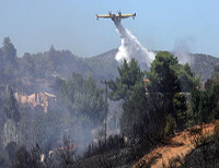 Самолет сбрасывает водяные бомбы на горящий лес