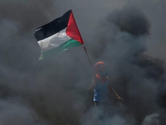 Палестинский ребенок несет в клубах дыма флаг автономии