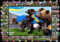 В преддверии чемпионата мира в гамбурге можно купить красочные открытки, на которых игроки сборной украины изображены в виде&#133; Несущихся за мячом медведей в сине-желтых футболках