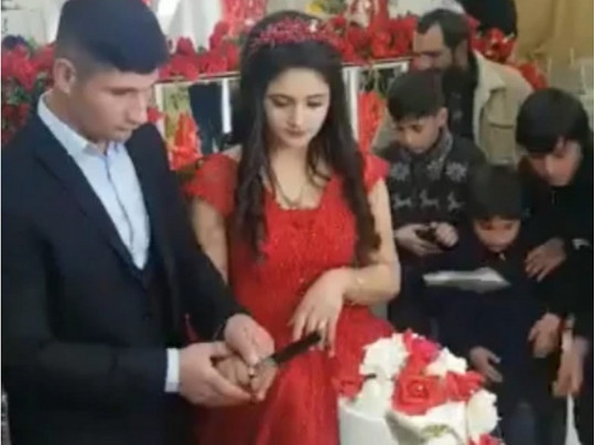 Жених и невеста режут торт
