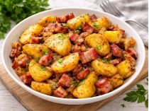 Картопля по-селянськи з цибулею та копченим м'ясом. Фото сайту Gustos